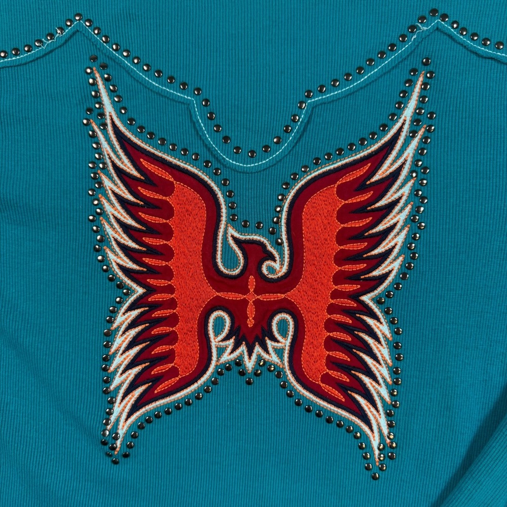 Ariat Embroidered Studded Eagle Western Long Sleeve Top Women's Medium Teal